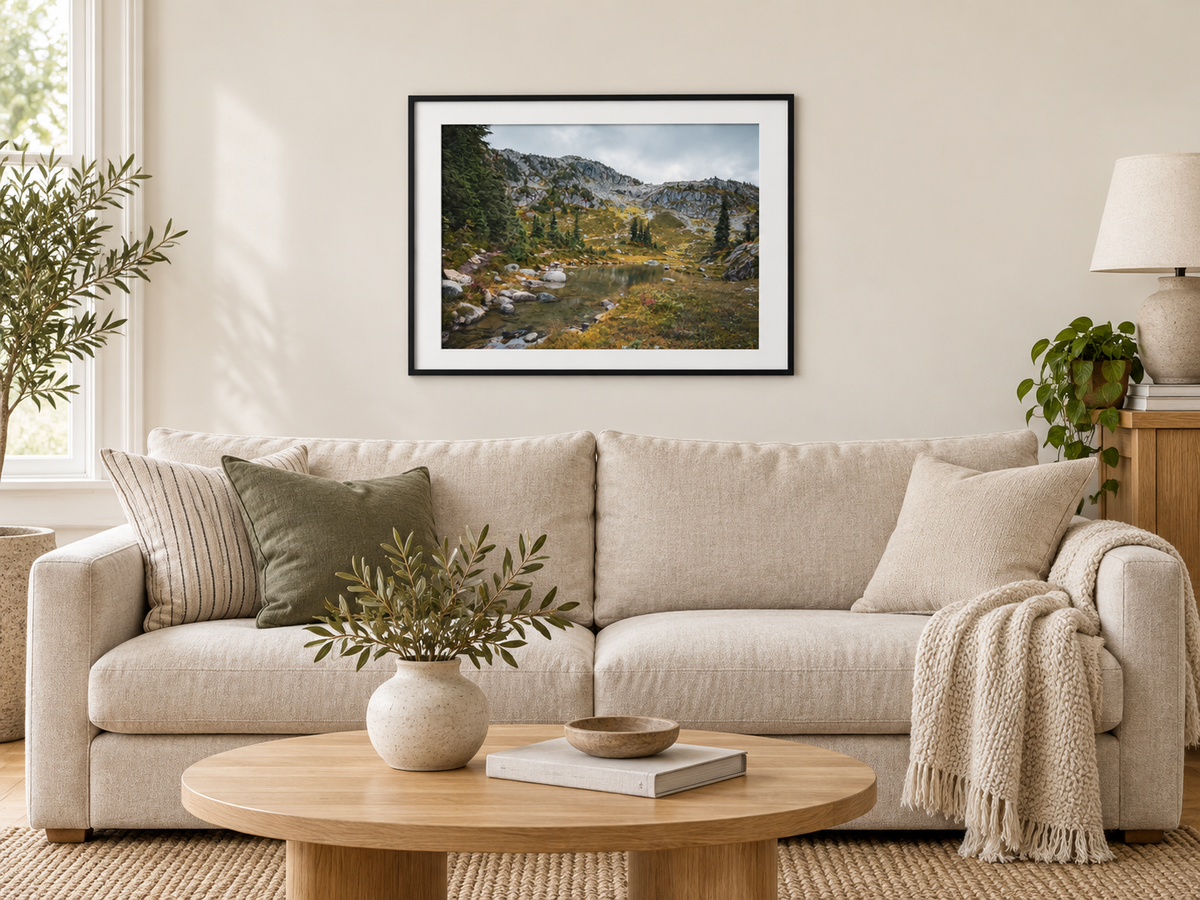 Room mockup of Stillwater above a cream sofa.