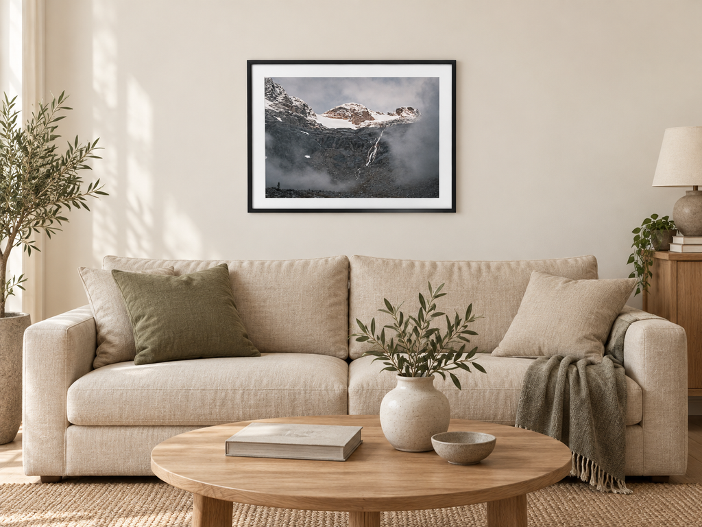 Room mockup of Cascade above a cream sofa.