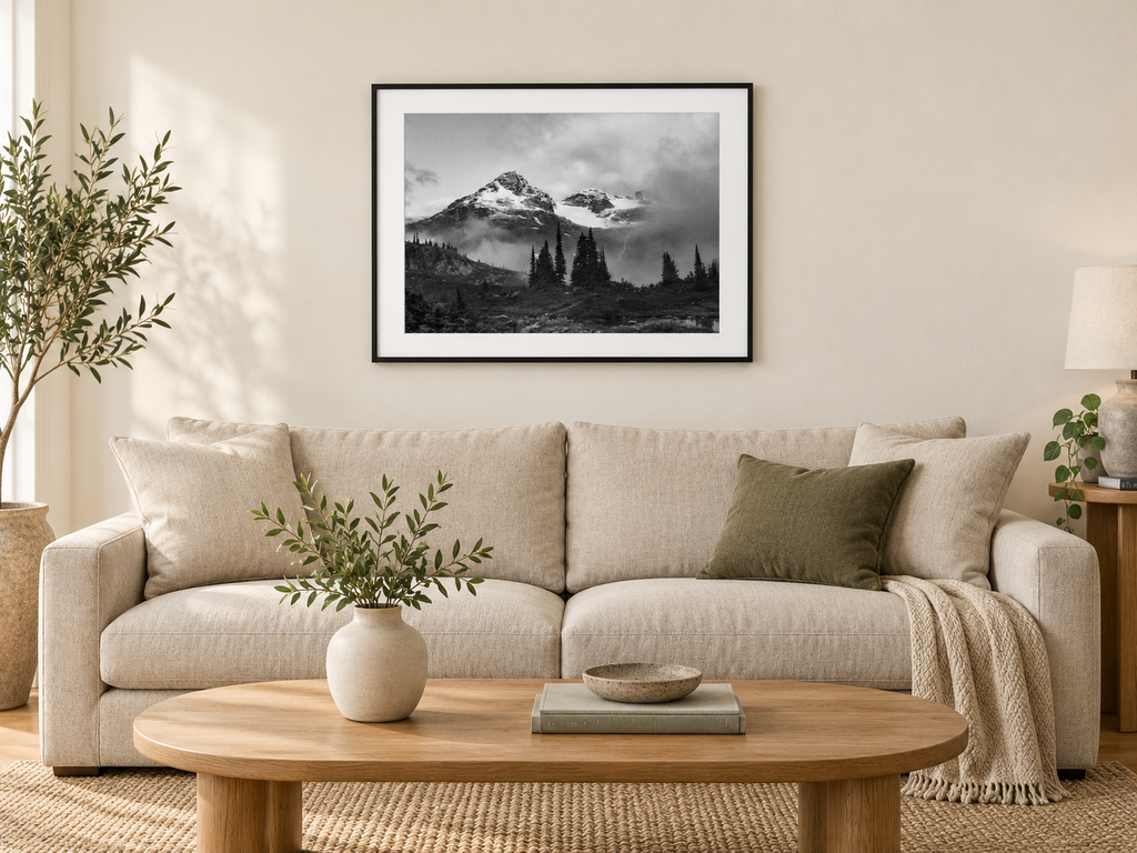 Room mockup of Veil above a cream sofa.