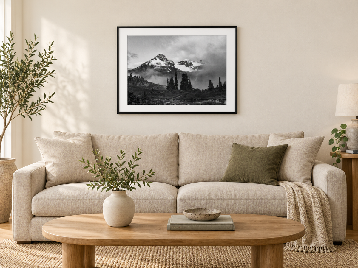 Room mockup of Veil above a cream sofa.