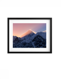 Black-framed Flame print with a white mat, showing sunrise on Everest.