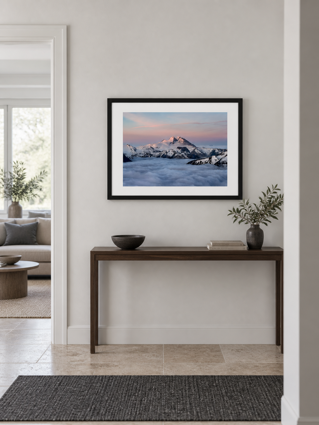 Room mockup of Inversion above a console table.