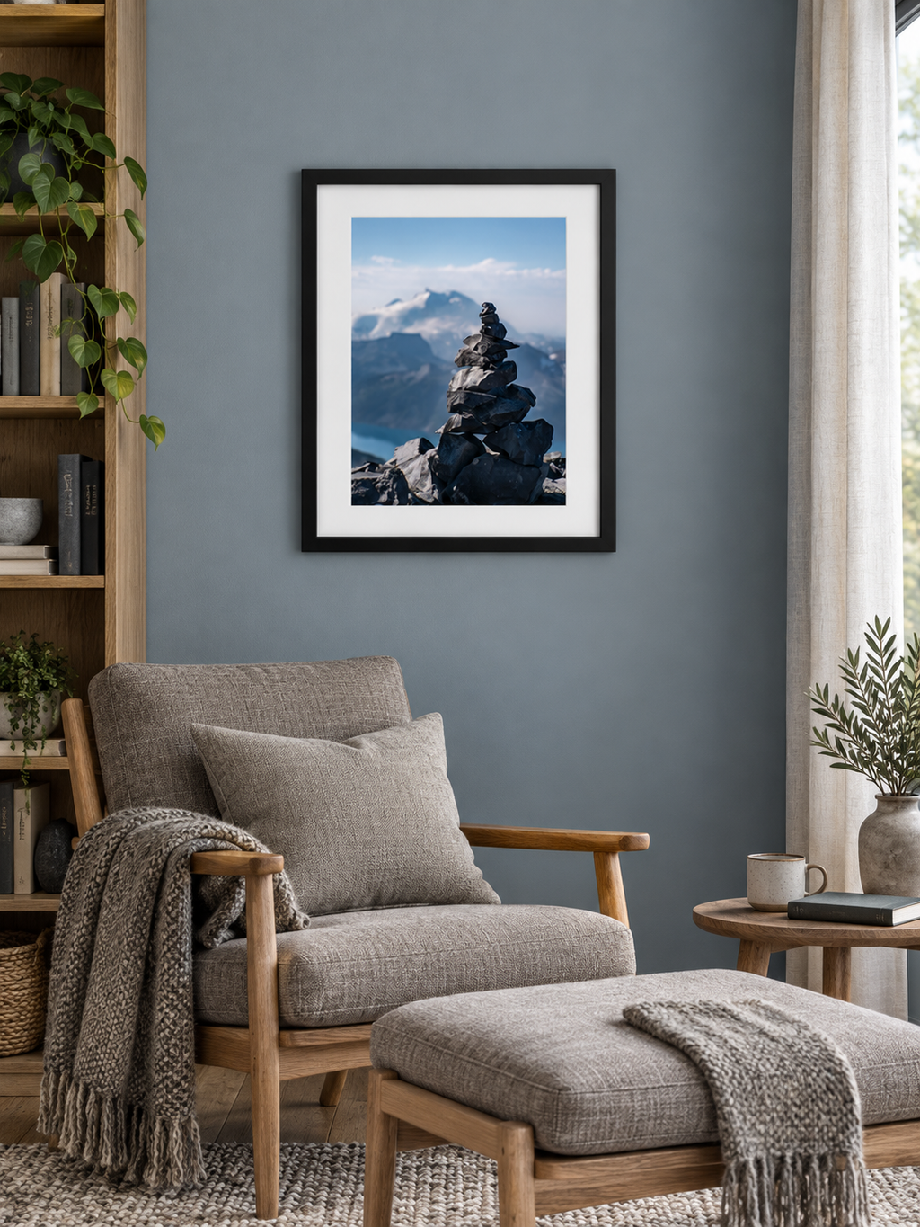 Room mockup of Heights above an armchair and footstool.