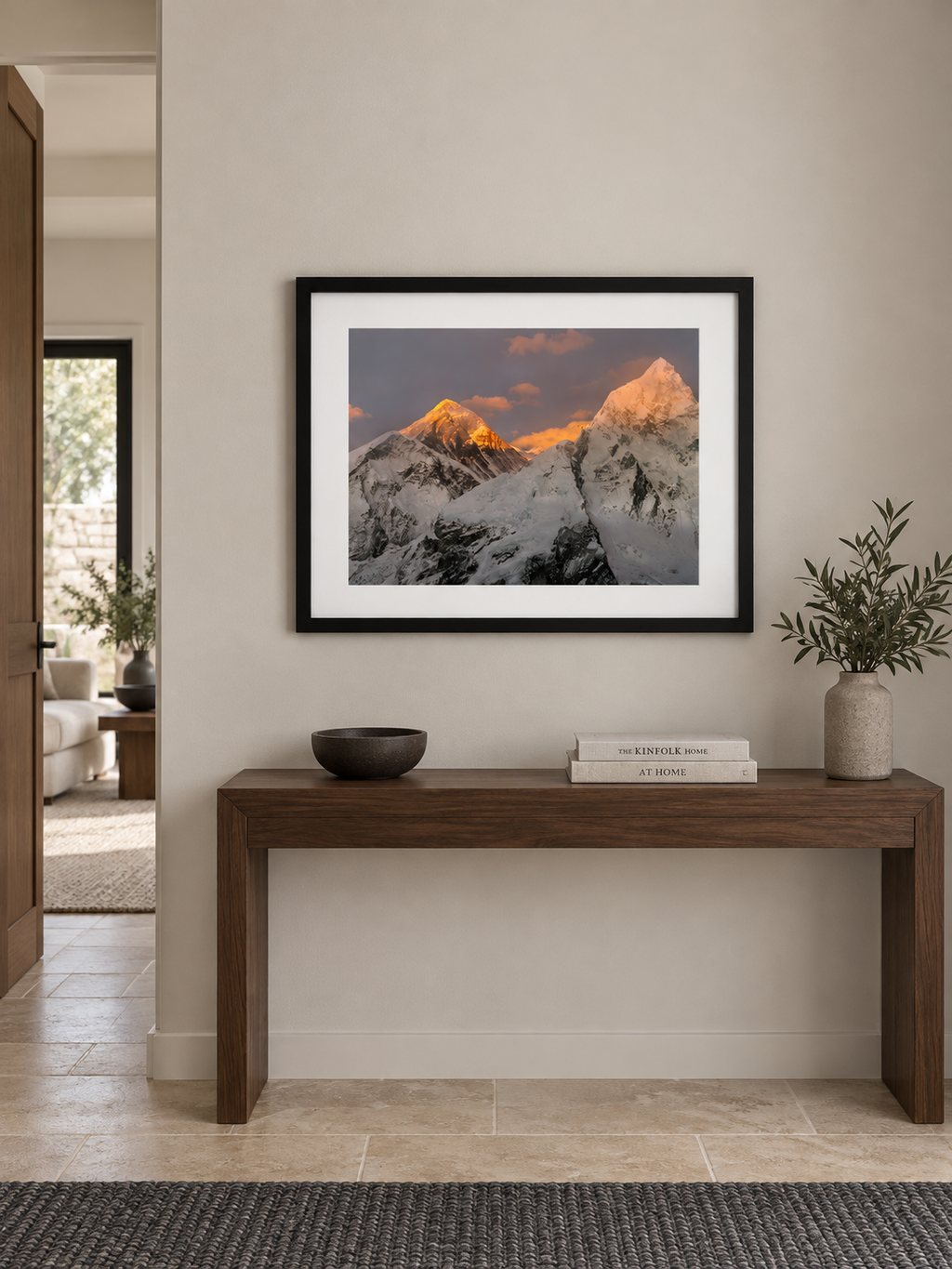 Room mockup of Elevation above a wooden console table.