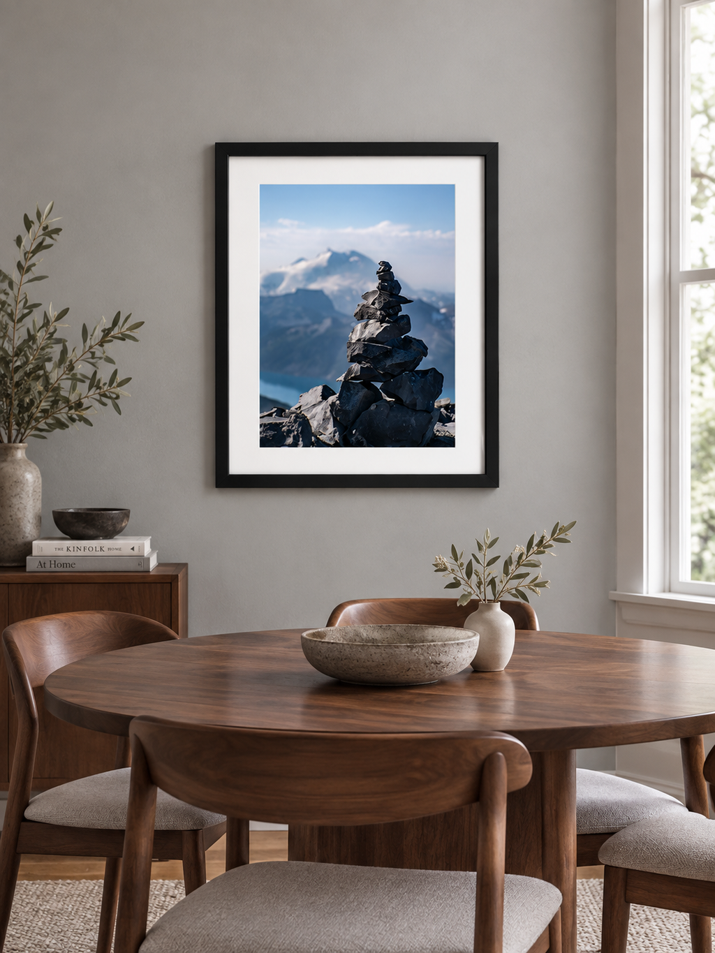 Room mockup of Heights above a round wooden dining table.