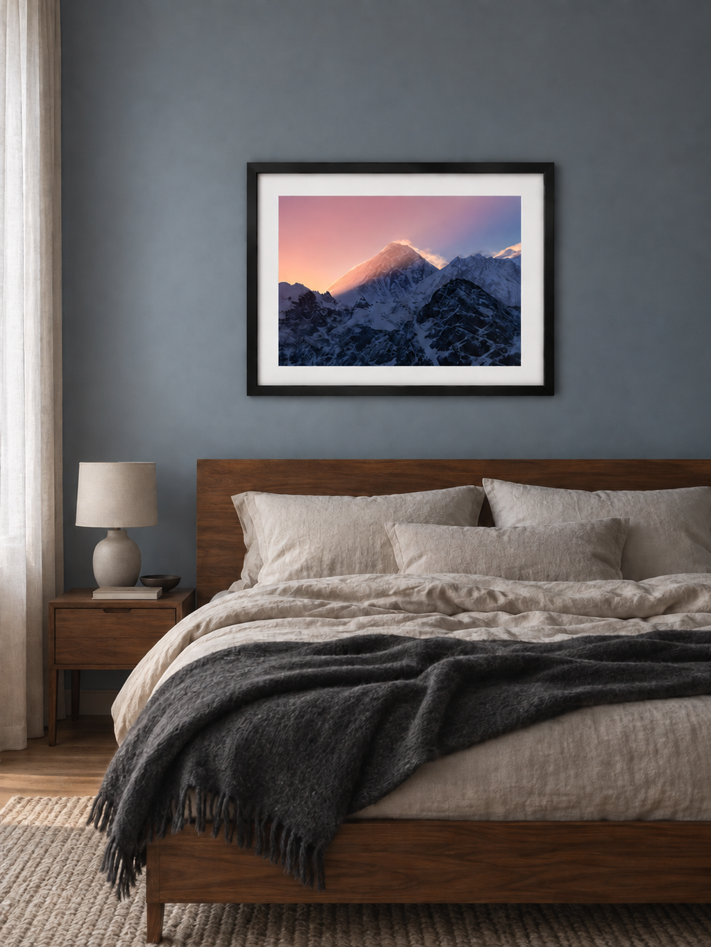 Room mockup of Flame above a wooden bed against a blue-gray wall.
