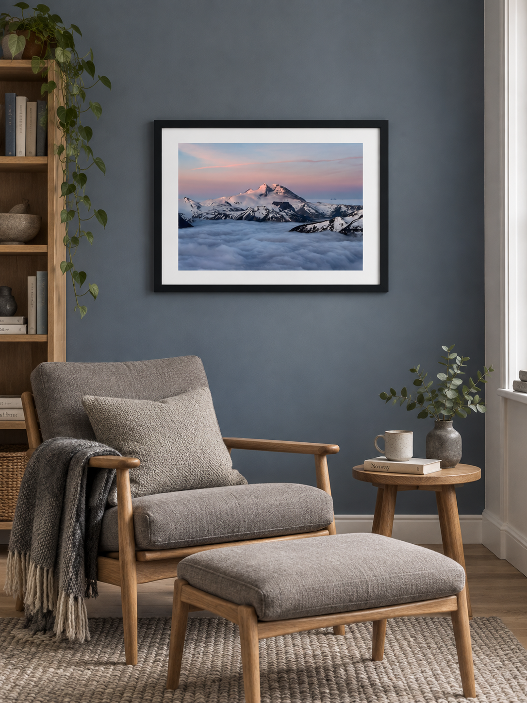 Room mockup of Inversion above an armchair and footstool.