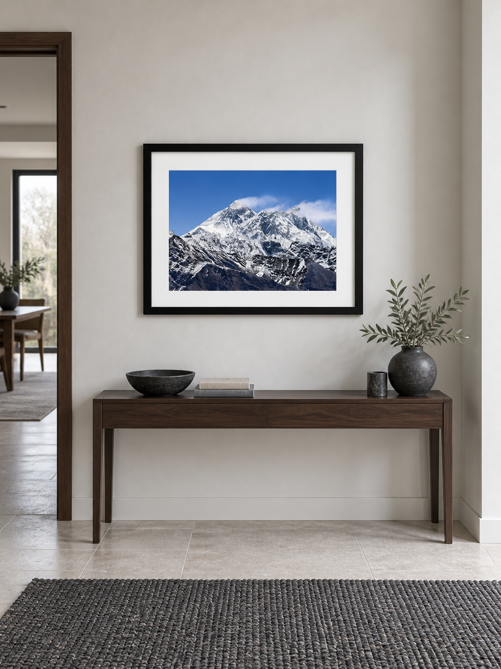 Room mockup of Silence above a console table in a pale hallway.