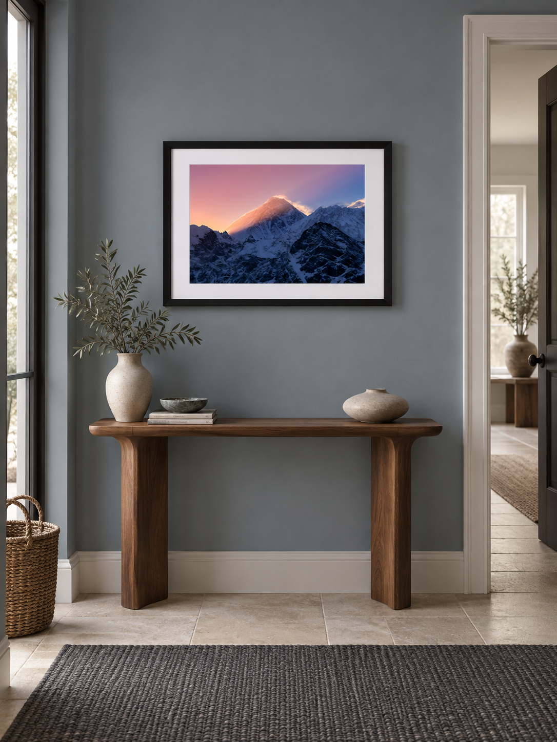 Room mockup of Flame above a narrow console table.